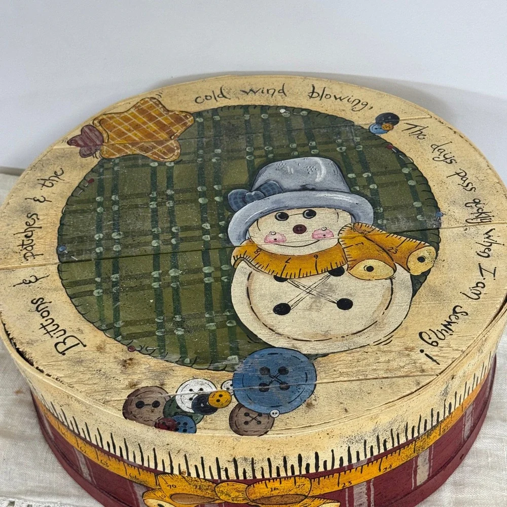 Primitive Hand Painted Wooden Snowman Sewing Box Round 15x5.5 Rustic Folk Art